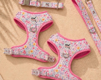 Conjunto de arnés rosa para perro a elegir, conjunto de arnés y correa floral para perro, conjunto de arnés y correa Daisy para perro, caja para cachorrita
