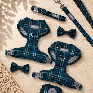 Blue Tartan Dog Harness Bundle of your Choice, Collar, Lead Set, Adjustable Puppy Harness, Dachshund Gift