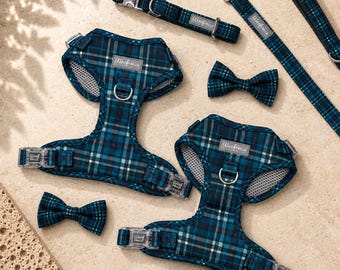 Conjunto de arnés para perro Blue Tartan a tu elección, collar, correa, arnés ajustable para cachorros, regalo para Dachshund