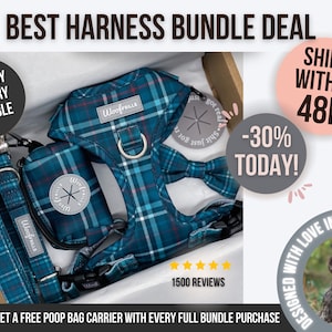 Tartan dog harness bundle of your choice, Blue dog harness and leash set , Puppy gift box, Pupppy harness, Small harness, Dachshund harness