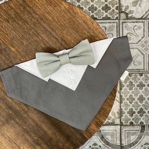 Dog wedding bandana Grey dog wedding tuxedo with sage bow tie Over the collar dog wedding bandana with bow tie image 5