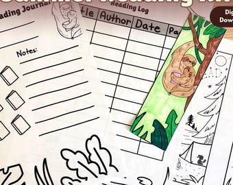 Printable Summer Reading Kit for Kids | Color-In Bookmarks | Reading Tracker | Journal Page | Hand-Drawn