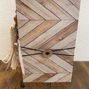 Handmade Hard Cover Junk Journal | Brown Wood Vinyl Cover | 120 Coffee Dyed Blank Pages | Elastic Closure   & Tassel | Writing Journal
