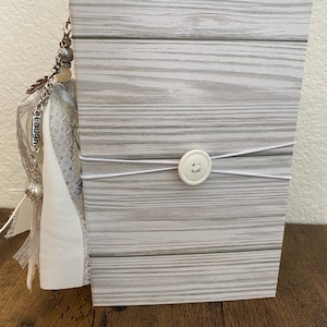 White & Grey Wood Junk Journal | Handmade Hard Cover Journal with Coffee Dyed Pages |Tassel, Elastic Closure| 120 Blank Pages for Writing