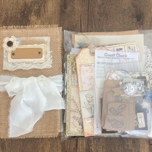 Burlap Canvas Junk Journal with Ephemera | 5x8 Handmade Writing Journal | Naked Vintage Junk Journal | Memory Book with 60 Pages