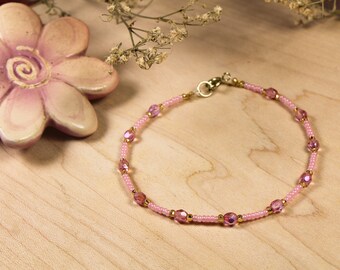 Warm Pink and Gold Sparkling Feminine Beaded Bracelet - Boho Chic delicate and 100% handmade. Great gift for the pink lover in your life