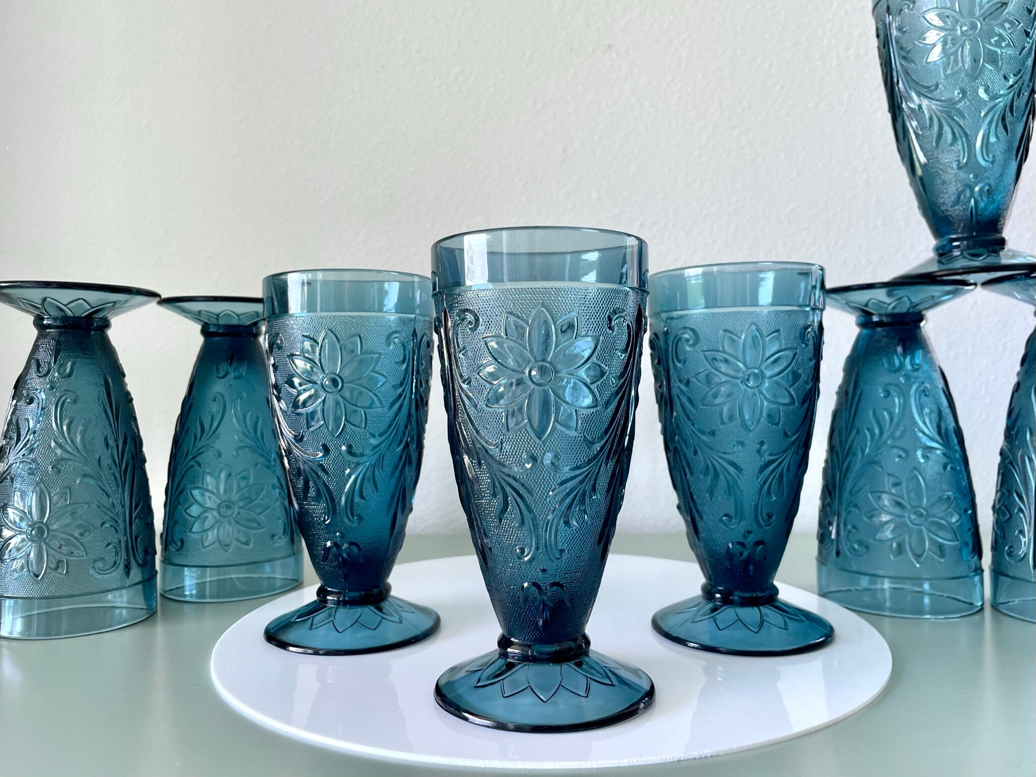 9 Vintage Electric Blue Libbey Bar Glasses, Bamboo Pattern, Set of