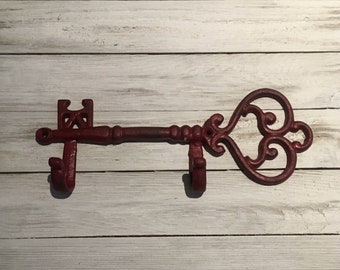 Red Cast Iron Skeleton Key Hanger - Metal Hooks