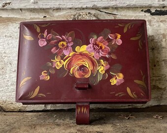 Vintage Burgundy Metal Crumb Catcher: Hand Painted Roses Decoware