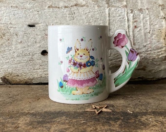 Easter Spring Mug - Unique Handled Mug - Rabbit Lover Mug - Unique Handled Mug - Bunny Lover Mug - Spring Rabbit Mug - Tulip Mug