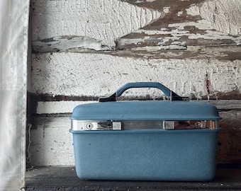Vintage Samsonite-treinkoffer Frans blauwe make-uptas Make-upkoffer Harde koffer voor cosmetische reiskoffers Gemaakt in Canada