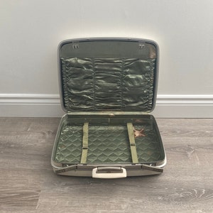 1970s White Hard Case Suitcase: Sage Green Quilted Interior