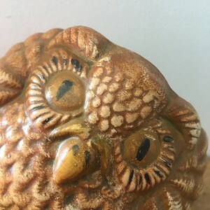 Peut inclure: Une figurine d'hibou en céramique peinte en brun et blanc, avec deux grands yeux aux pupilles noires. Le hibou est perché sur une base verte.