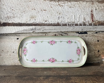 Antique Nippon Hand-Painted Roses Tray: Gold Trim Platter