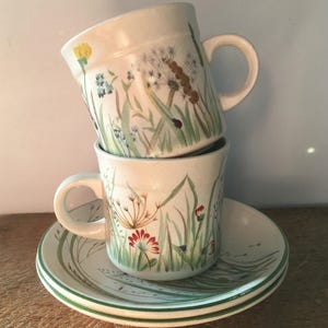 Vintage Staffordshire Teacup Set Springtime Royal Tudor Grindley Hand Painted Bees Ladybugs Floral Cups & Saucers