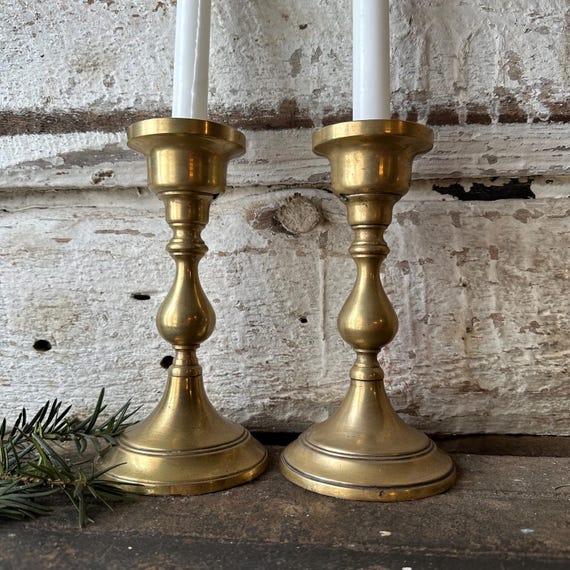 Vintage Brass Candlesticks Pair, Antique Gold Candle Holders, Rustic Gothic Decor, Farmhouse Taper Holders, Cottagecore Brass Set