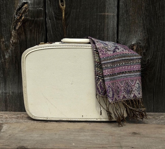 Vintage Ivory Train Case, 1960s Hard Shell Luggage, Blue Interior Suitcase, Retro Travel Case, Distressed Patina Storage Box