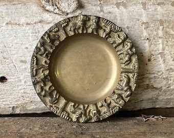 Embossed Solid Brass Ashtray: Mid-Century Trinket Dish (5.5"/14cm)