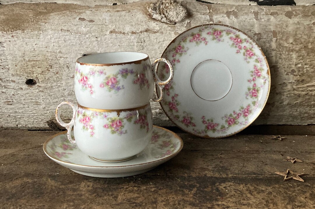 Antique Limoges Teacup & Saucer Pair: Elite Works Pink Rose Floral, C ...