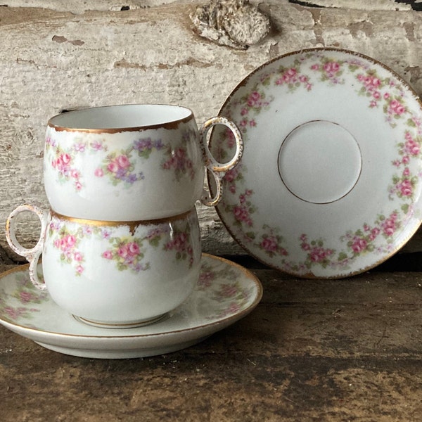 Antique Limoges Teacup & Saucer Pair: Elite Works Pink Rose Floral, c.1900-1914