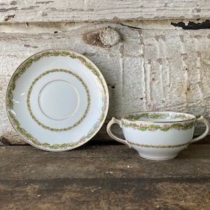 Vintage Haviland Limoges Suppenschüssel & Untertasse: Rosa Blumengirlande, Doppelgriff