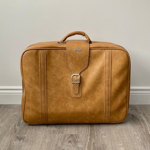 Vintage Samsonite Tan Faux Leather Suitcase: 1970s Travel Bag