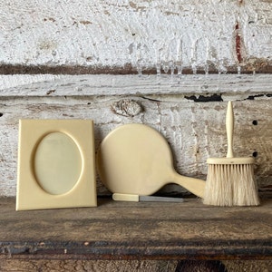 Vintage French Ivory Vanity Set: Hand Mirror, Brush & Photo Frame