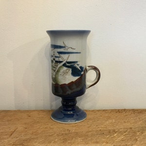 Vintage Nautical Footed Mug: Hand-Painted Seagull & Lighthouse