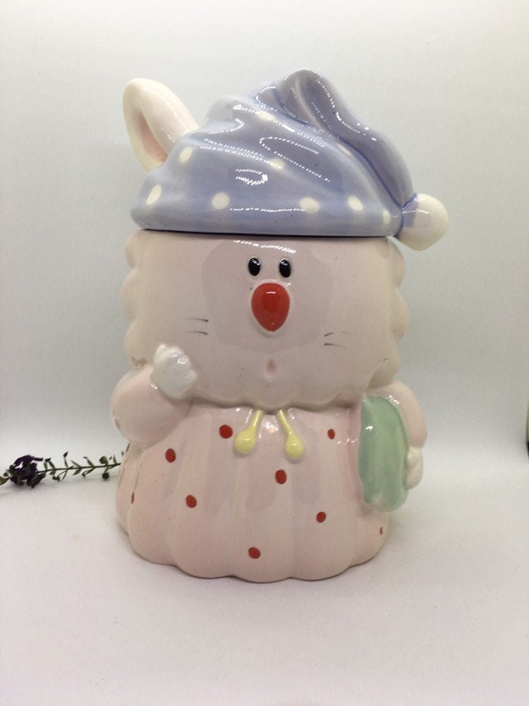 Vintage Ceramic Rabbit Cookie Jar: Sleepy Pink Bunny, Made in Japan