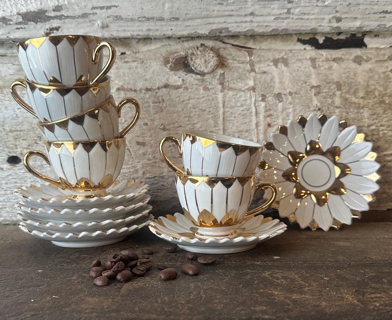 Vintage Demitasse Cups & Saucers Set of 6 | White and Gold Floral ...
