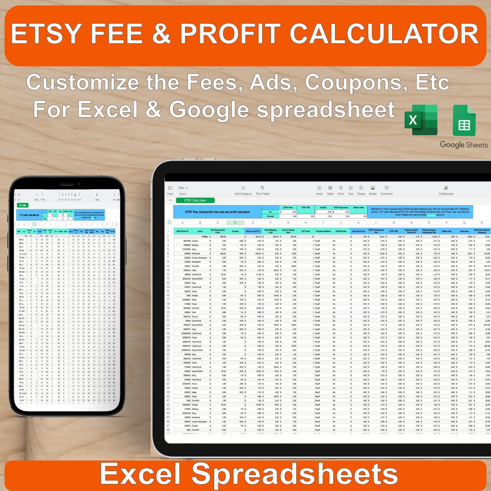Etsy Fee and Profit Calculator for Excel & Google Spreadsheets