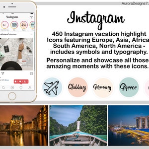 450 Instagram Travel Countries  Icons, highlight Covers in 6 colors featuring Europe, Asia, Africa, South America, North America , vacation