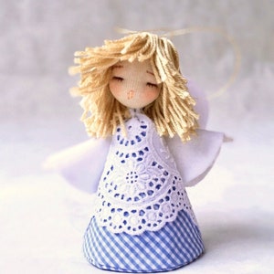 White lace and celeste check dress angel doll - mothering sunday, collectible art-doll, mom & baby, grandma gift, wedding favour christening