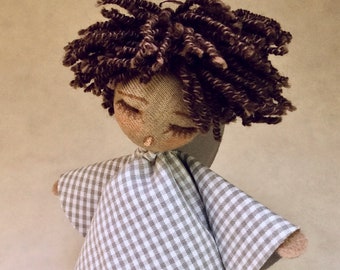 Handmade Taupe Check Cloth Angel Doll: Boho Christmas Decor