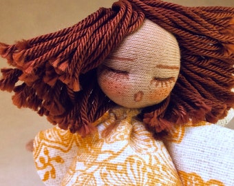 Boho Angel Rag Doll: Yellow Floral Dress, Collectible Art Doll