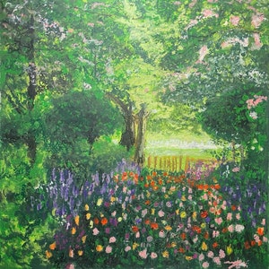 Jardin avec des fleurs. Art figuratif. Peinture au pastel à l'huile sur carton.