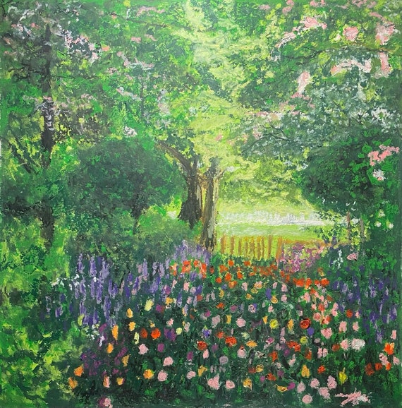 油絵 油彩 油彩画 絵 絵画【colorful flower garden】 Acrylic Painting Tulip Flower Garden Landscape. Colorful