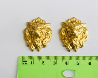 Raw brass findings, raw brass stamping, Lion Face, 2 pieces