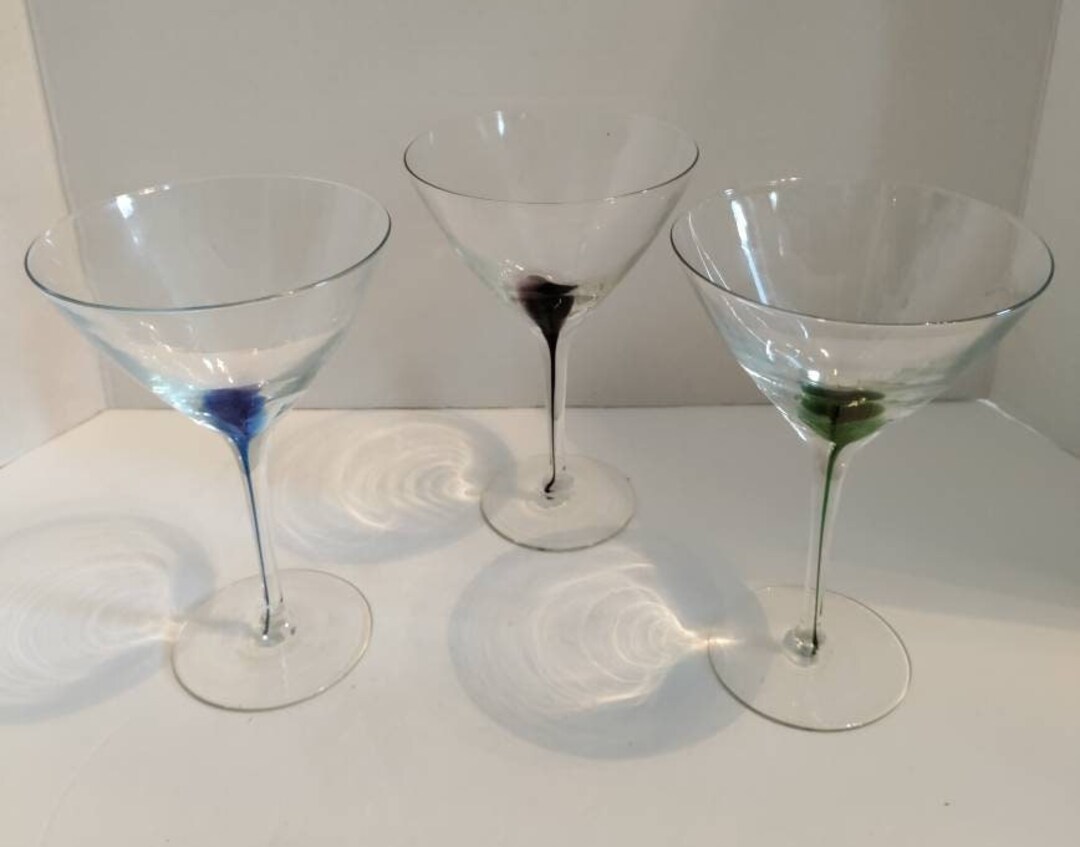 3 Drip Hand Blown Martini Glasses in Green Purple and Blue Etsy