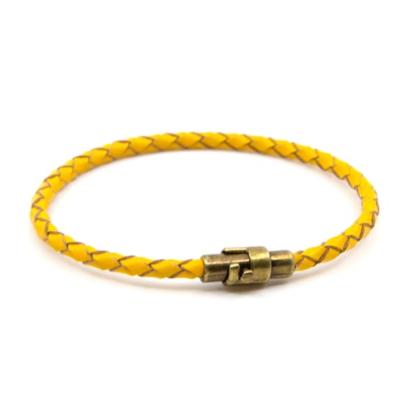 Handmade Single Wrap Braided Yellow Leather Bracelet with Magnetic Copper Clasp