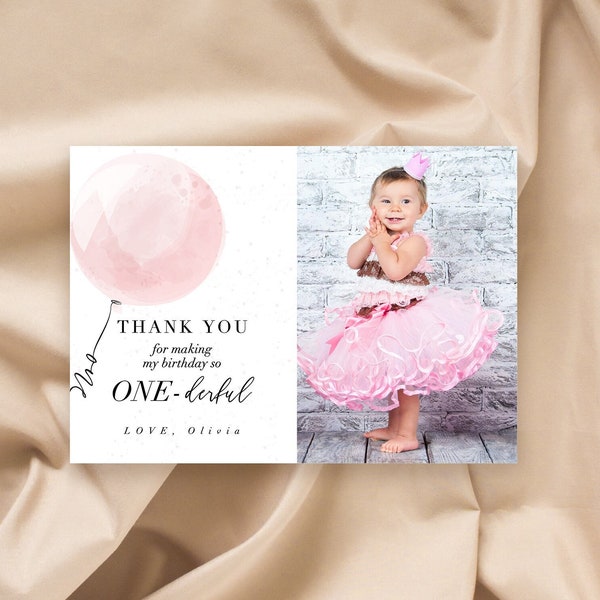 Girl 1st birthday balloon photo thank you card, 1st birthday girl thank you card pink watercolor balloon, Instant download #1121-4