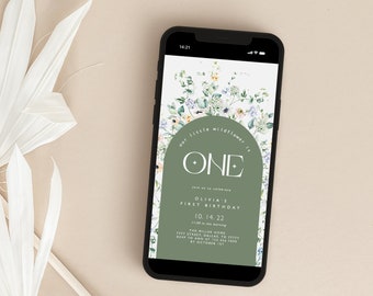 Wildflower e-vite template, Our little wildflower is one electronic invitation, First birthday invitation digital, Floral e-vite template