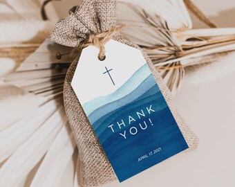 Baptism boy favor tag template, Blue watercolor boy baptism favor tags editable, Instant download baby dedication thank you tags #3321-4