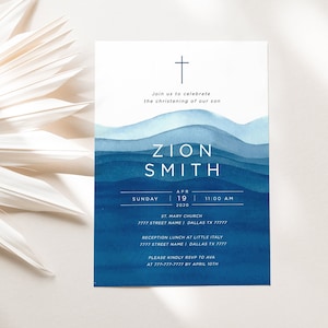 Blue Watercolor Baptism Invitation Template (Digital Download)