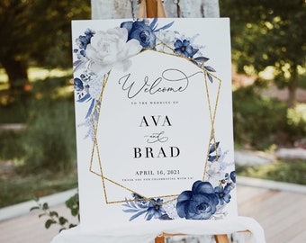 Dusty blue wedding welcome sign template, Printable welcome sign for geometric wedding, Gold and navy blue wedding welcome poster #1221-11
