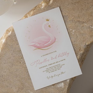 Swan birthday invitation, Girl birthday swan princess, Pink gold girls invitations, Pink birthday instant download editable template image 2