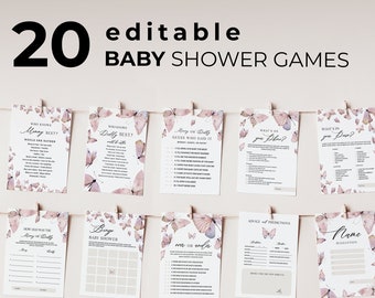 Op de afbeelding: Een verzameling van 20 afdrukbare babyshower spellen, elk versierd met vlinder illustraties. De kaarten zijn aan een lijn geregen, met titels als "Wie kent mama het beste?" en "Luiercake raadspel."