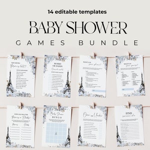 Paris boy baby shower games bundle, Paris theme editable games, Parisian baby shower printable games, French baby shower games #0221-24
