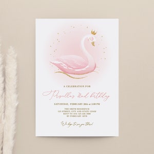 Swan birthday invitation, Girl birthday swan princess, Pink gold girls invitations, Pink birthday instant download editable template image 3