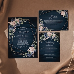 Suite d'invitations de mariage géométrique rose blush bleu marine en bois rustique, invitation de mariage marine, suite de mariage rustique, invitation de mariage bleu